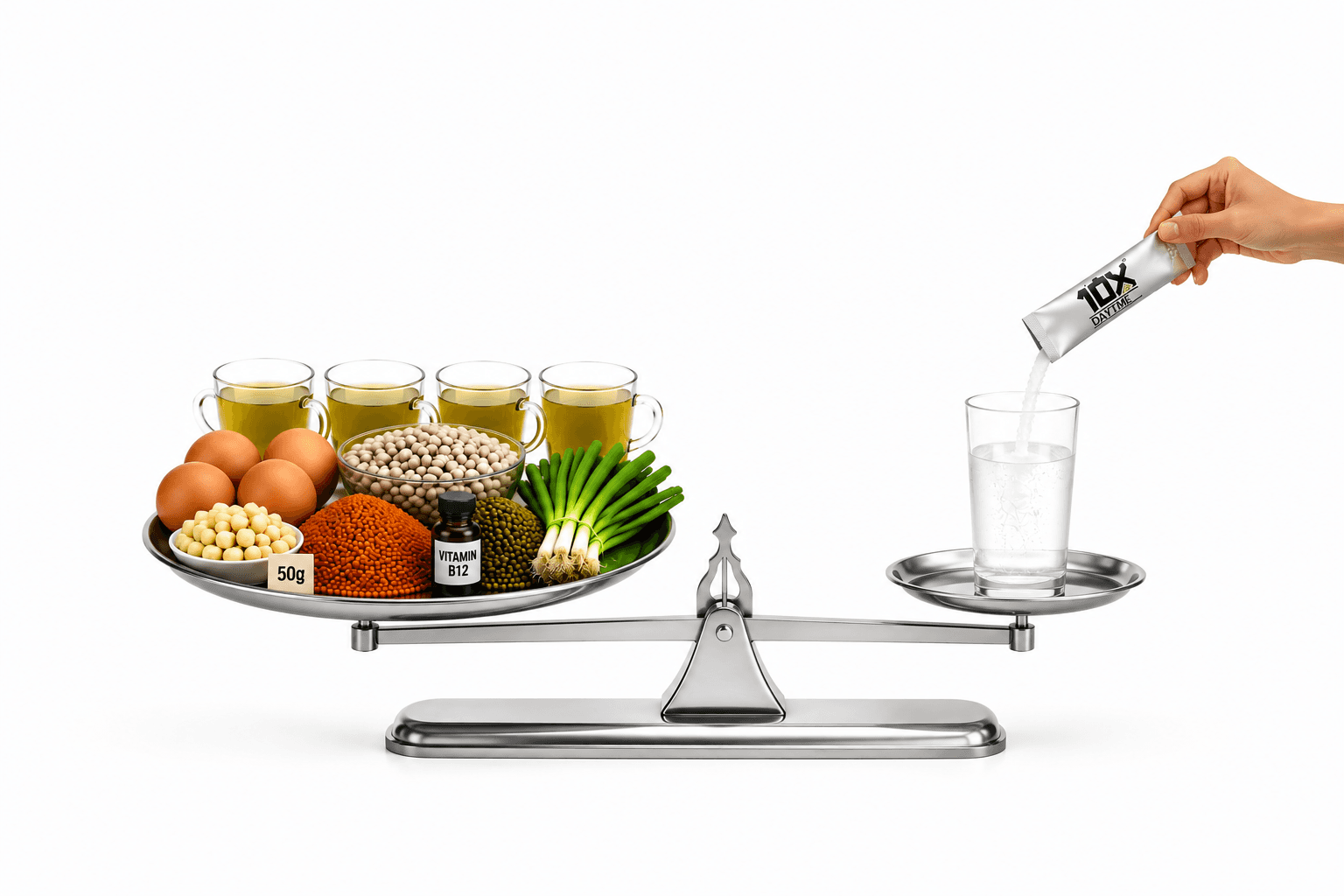 A balance scale: a plate of eggs, four cups of green tea, pulses, spring onions and a vitamin B12 bottle on one side, level with a single 10X Daytime sachet being poured into a glass of water on the other.